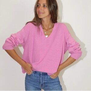 Something Navy Wool Rib Knit V-Neck Oversized Slouchy Sweater in Pink Size Large